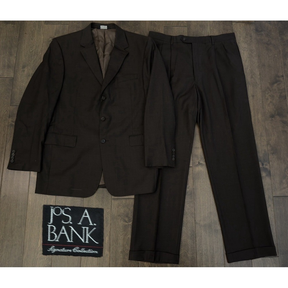 Jos A Bank Mens Brown Size 43L 2PC Suit 100% Wool‎ Jacket/Pleated Pants 38X33